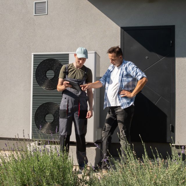 Technician and homeowner reviewing heat pump setup in garden.